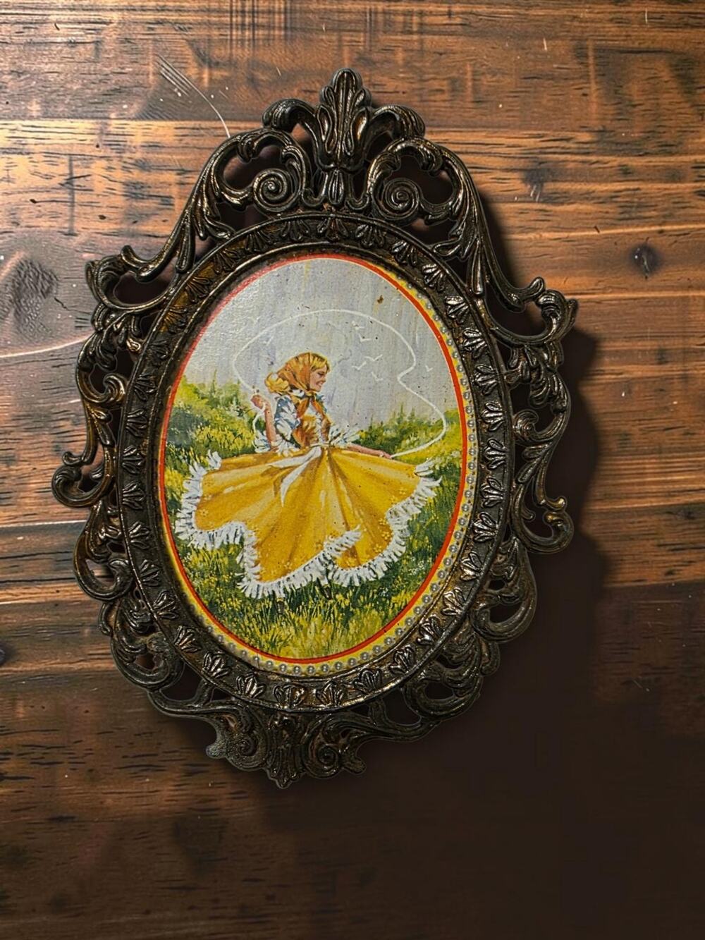Vintage Brass Ornate Oval Metal Picture Frame Victorian Lady Yellow Dress